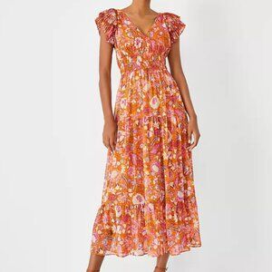Shimmer Batik Floral Flutter Sleeve Maxi Dress
